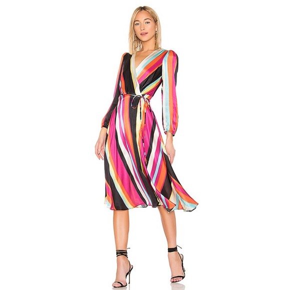 NONchalant The Label Camila Rainbow Stripe Silk True Wrap Midi Dress XS … - Picture 1 of 10